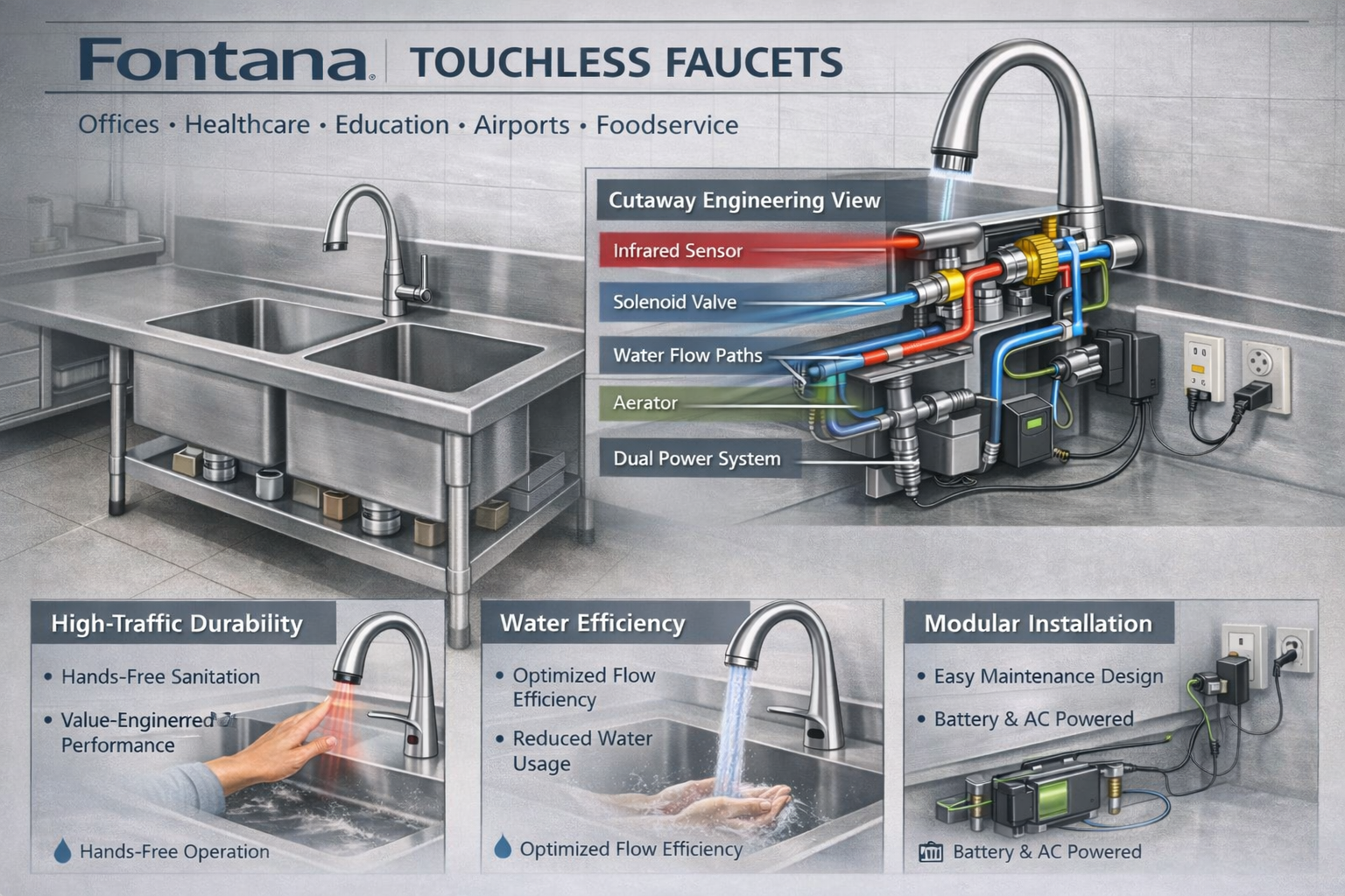 Fontana touchless faucets for commercial and institutional sink applications